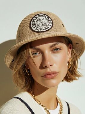 Beige Bucket Hat with Patch - Women Accessories